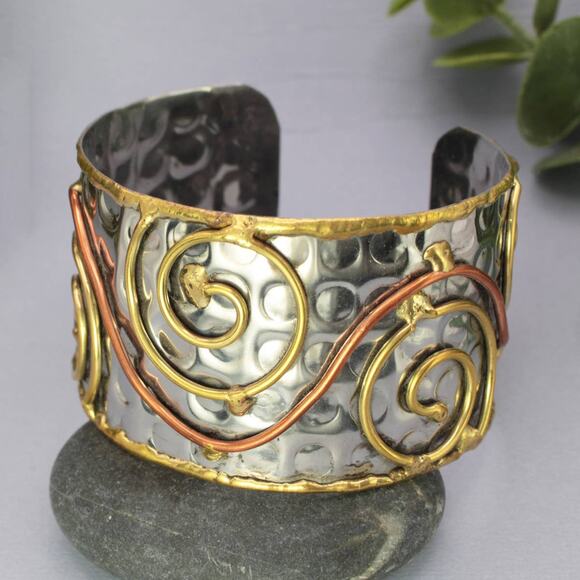 Mixed Metal Wire Spirals Silver Hammered Cuff Bracelet - Picture 1 of 5